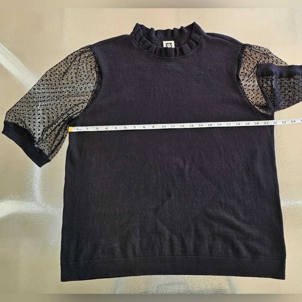 Annie Klein XL Casual Black Top with Sheer Polka Dot Sleeves - Picture 7 of 12